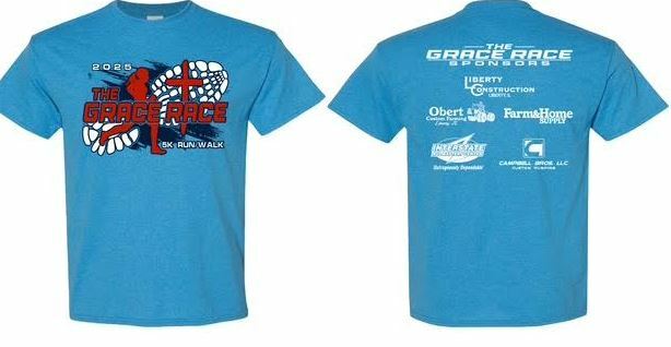2025 Grace Race tshirt Blue Tshirt with Grace Race 5K Run Walk on the front and sponsors on the back